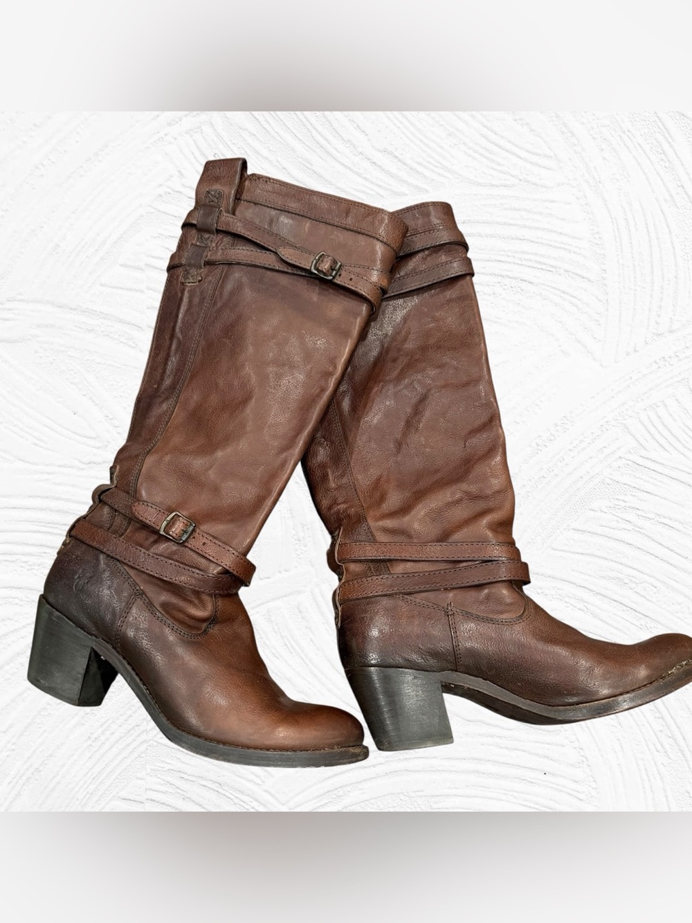 Frye Jane Strappy 76396 Riding Boots Brown Leather Knee High Sz 7.5B